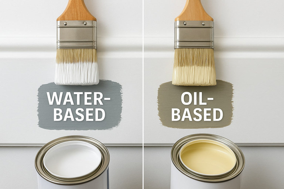 Side-by-side comparison of water-based and oil-based paint on woodwork with labelled paintbrushes – Tedman Decorators, Basingstoke
