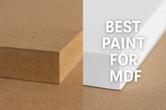 Close-up comparison of unpainted and painted MDF with text reading Best Paint for MDF – Tedman Decorators Basingstoke