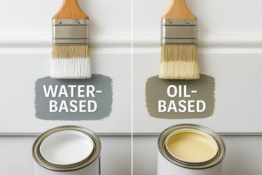 Side-by-side comparison of water-based and oil-based paint on woodwork with labelled paintbrushes – Tedman Decorators, Basingstoke